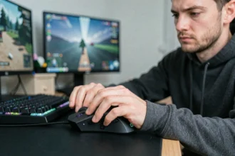 Gamer adulte tenant une souris MMO avec boutons latéraux multiples, position des doigts précise pour éviter les missclicks