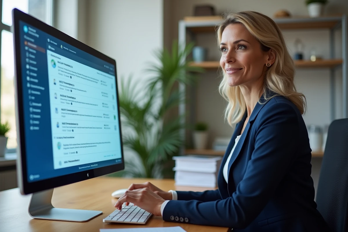 Femme professionnelle gérant des dossiers et filtres de messagerie Webmel sur un ordinateur de bureau en entreprise