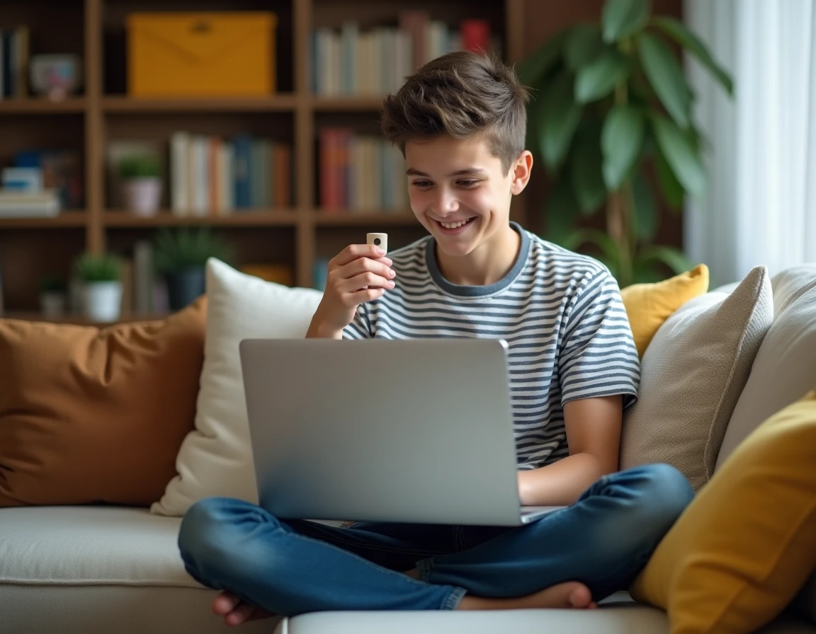 Jeune personne utilisant Google Lens sur un laptop pour identifier un objet depuis son canapé