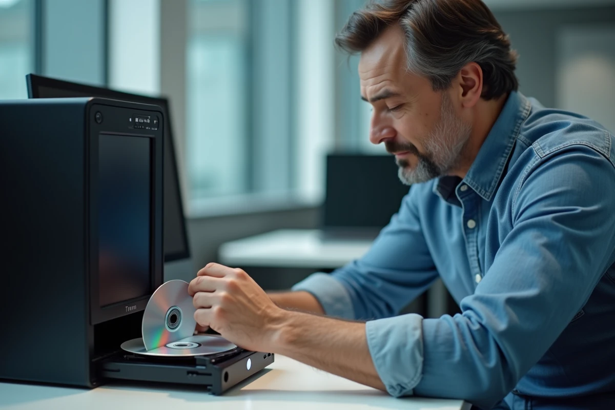Technicien gravant un DVD de sauvegarde de données avant de procéder à une réinstallation de Windows 7 Professionnel