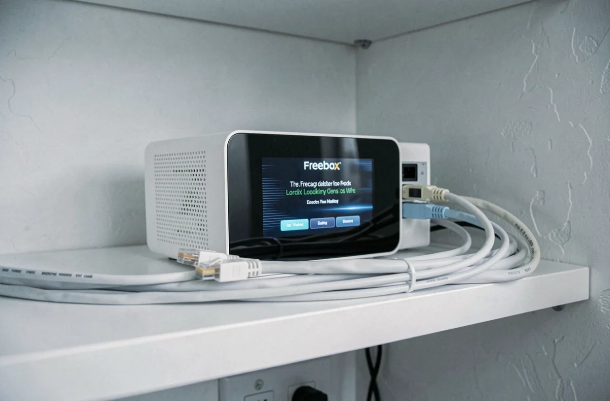 Gros plan sur une Freebox Delta bloquée en cours d'association avec le serveur Free après redémarrage