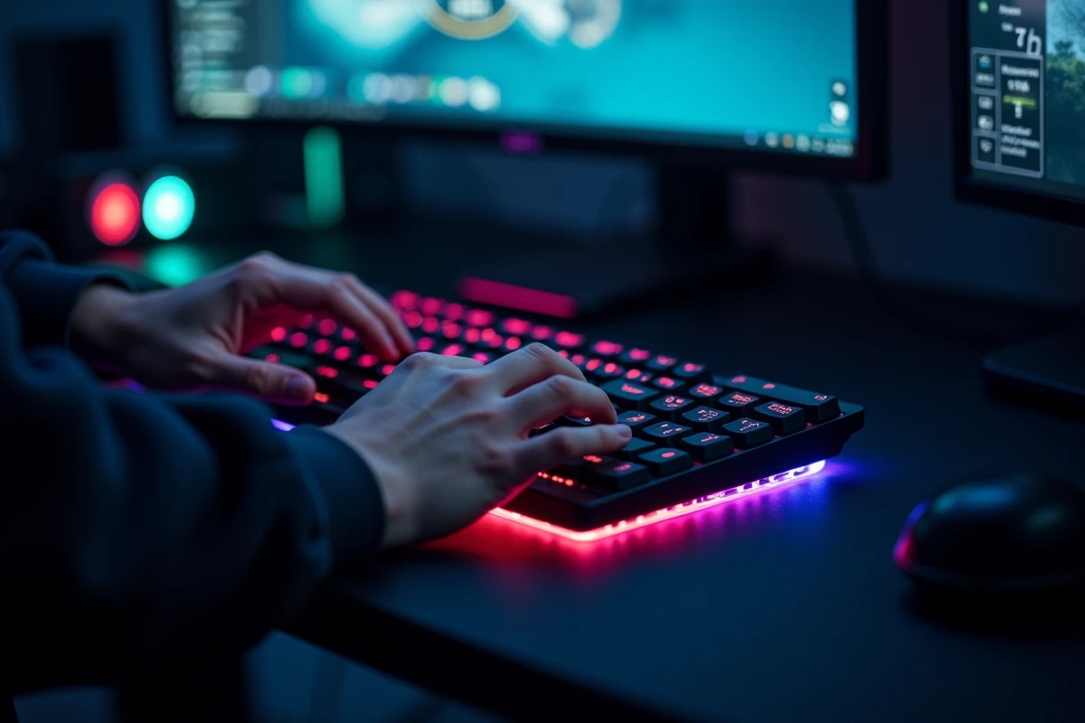 Gros plan de mains en mouvement sur un clavier mécanique rétroéclairé lors d'un test de vitesse de frappe