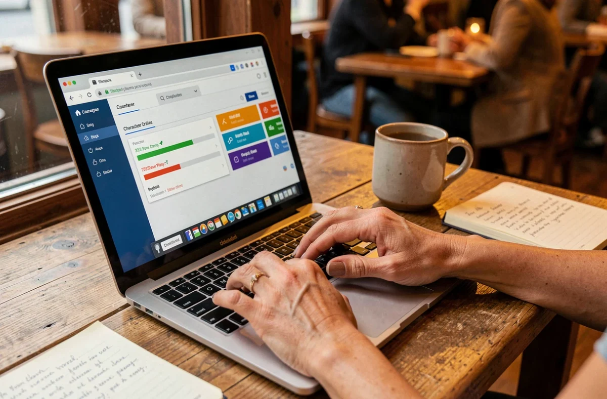 Gros plan sur des mains tapant sur un outil compteur de caractères en ligne pour optimiser un contenu SEO