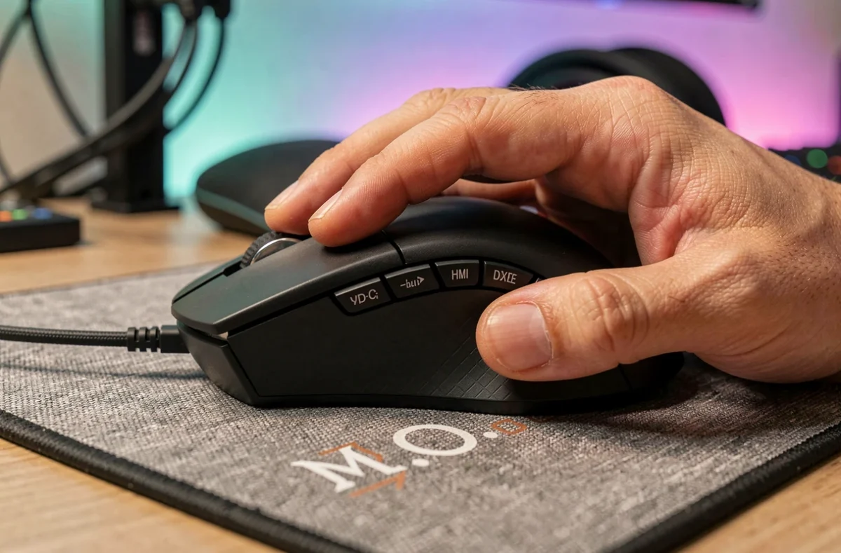 Gros plan sur une souris MMO avec nombreux boutons latéraux programmables et placement naturel des doigts pour éviter les faux clics