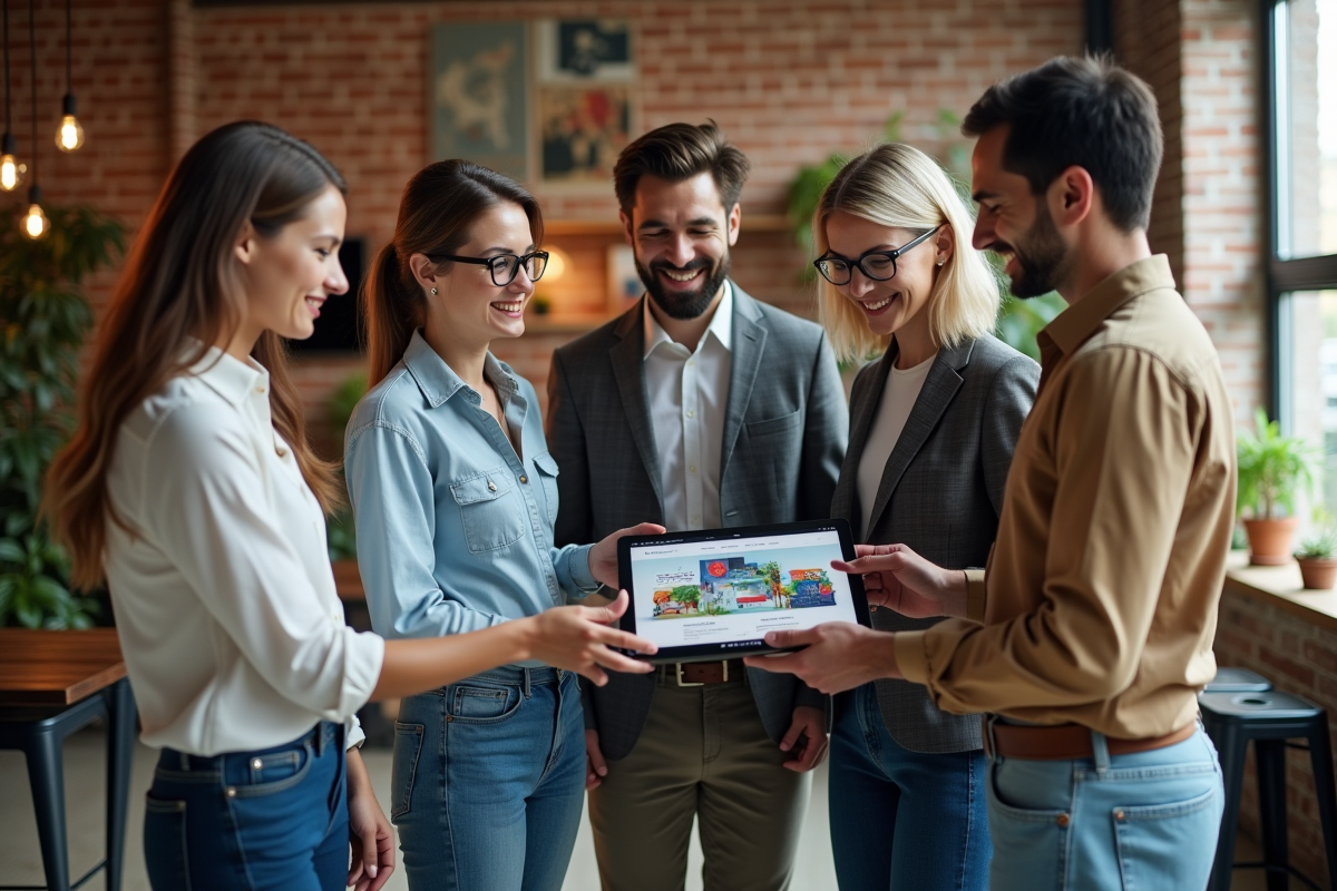 Groupe de quatre professionnels discutant autour d