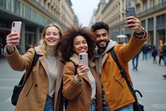 Groupe de jeunes prenant des selfies en ville