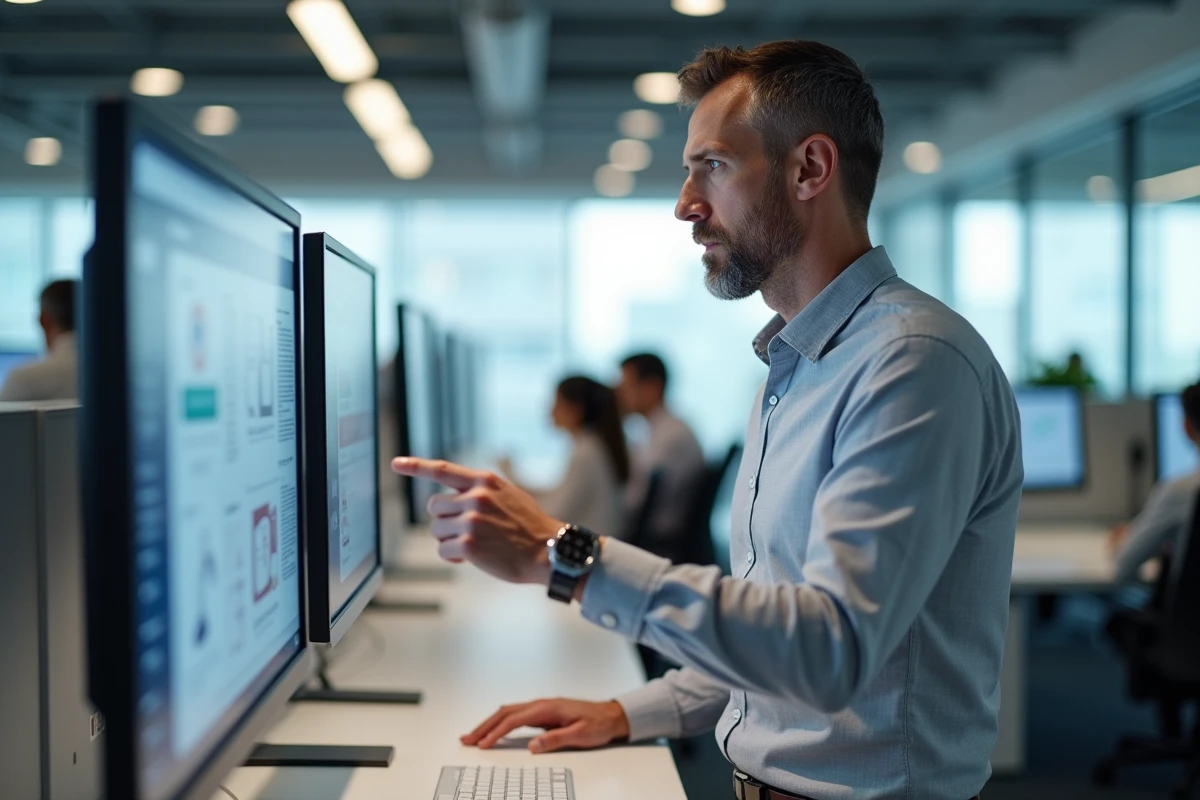 Homme en entreprise analysant les différences entre historique de navigation, activité et cookies sur un grand écran