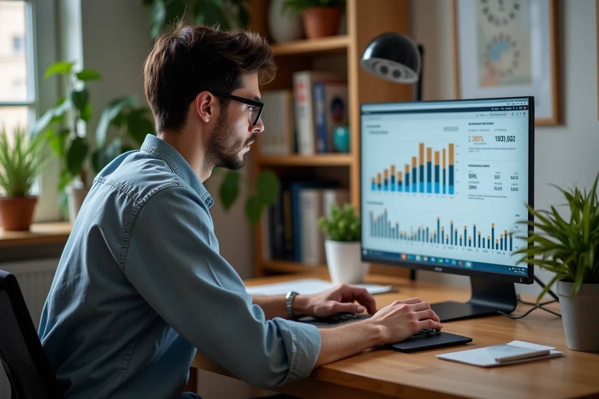 Homme concentré sur son ordinateur en home office