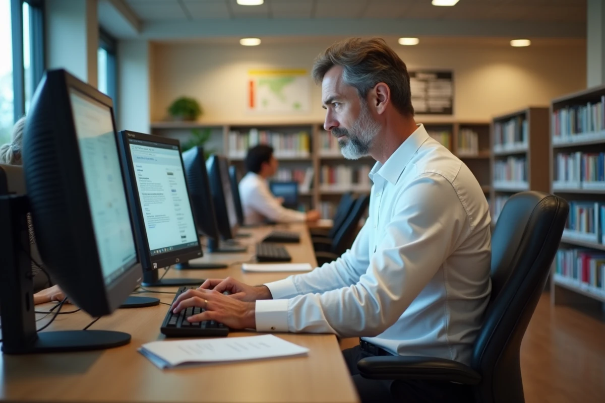 Homme concentré dans une bibliothèque
