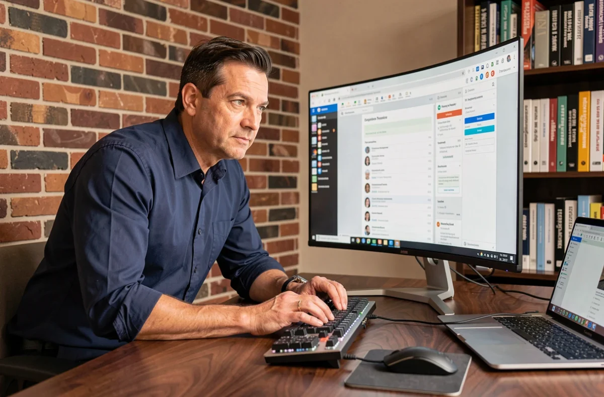 Homme en télétravail utilisant un grand écran ultrawide pour optimiser sa productivité avec les paramètres avancés de Chrome