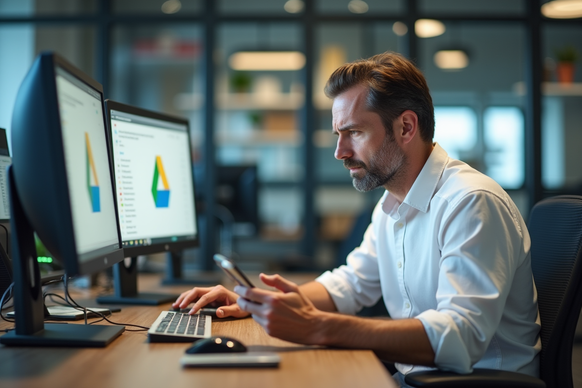 Homme d affaires utilisant smartphone face à erreur Google Drive