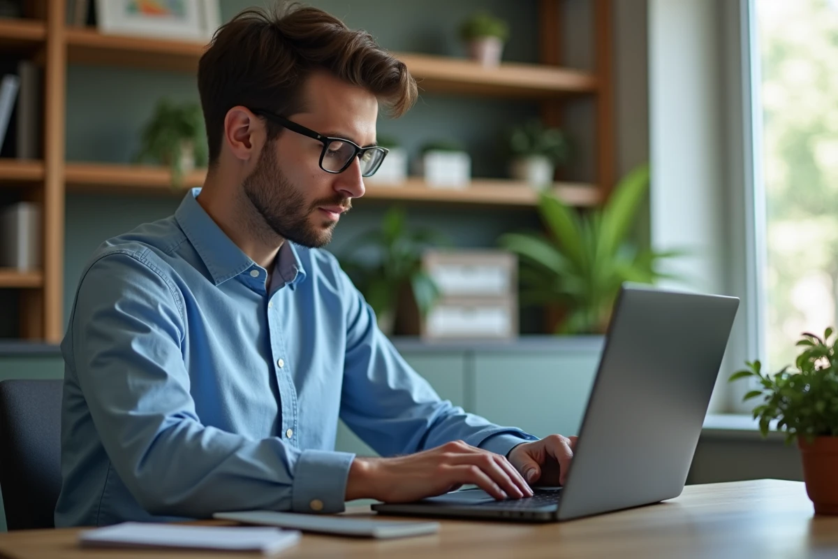 Homme concentré travaillant sur son ordinateur à domicile