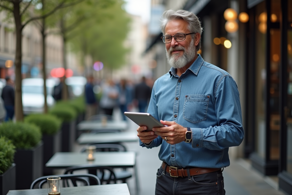 Homme dans un café analysant des données marketing sur tablette