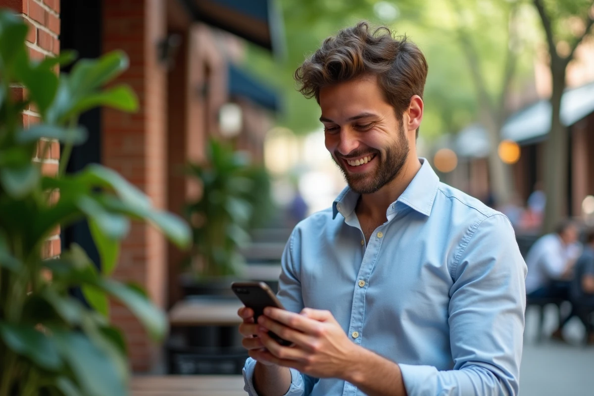 Jeune homme dans un café urbain avec smartphone