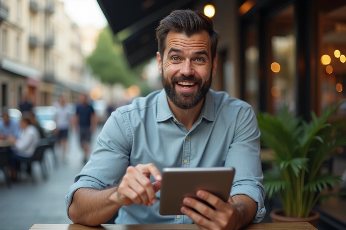Homme avec tablette dans un café urbain surpris par une story Instagram