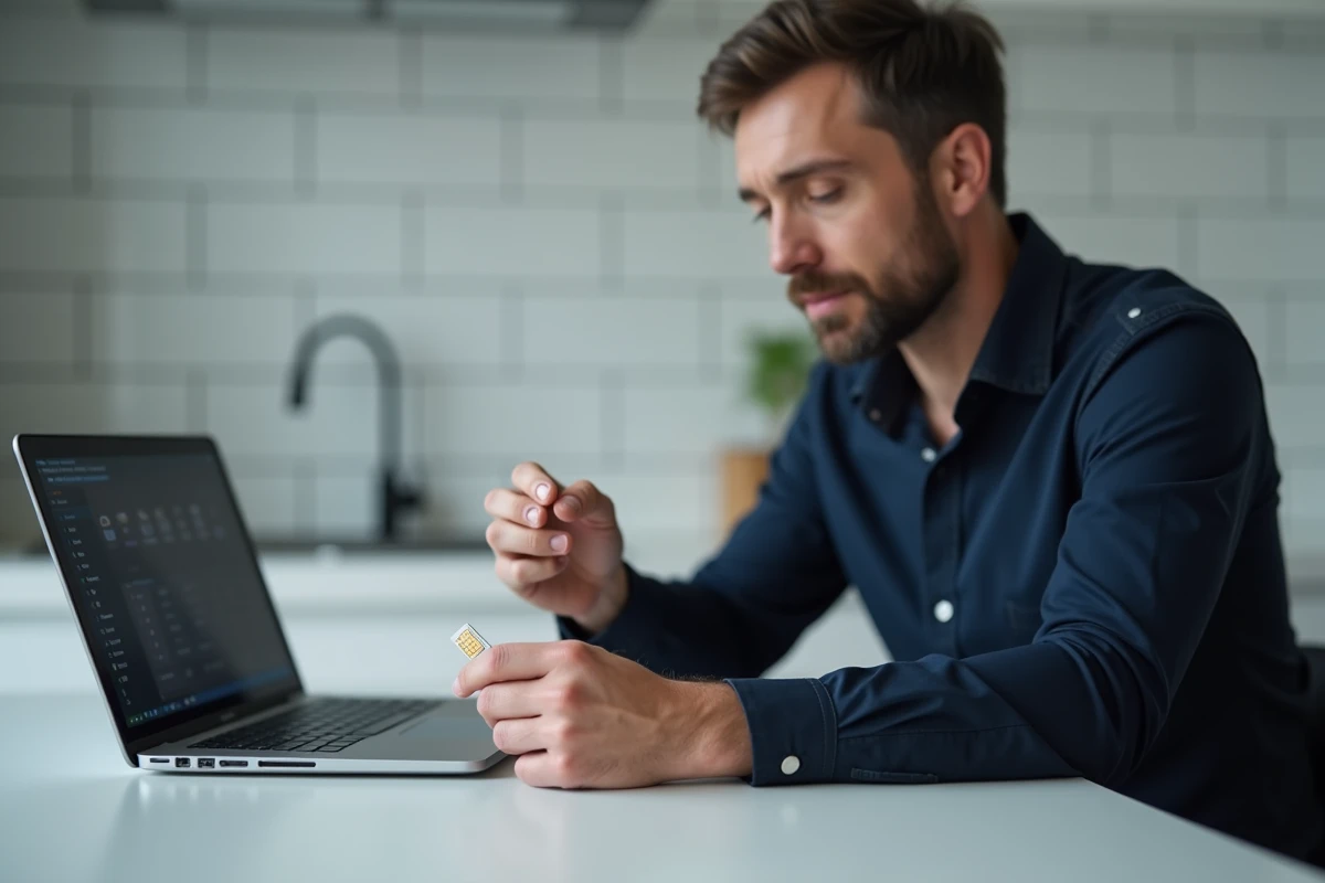 Homme tenant une carte SIM pour tenter de restaurer des messages supprimés