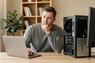 Homme comparant un ordinateur portable et un PC fixe sur un bureau en bois dans un bureau à domicile moderne