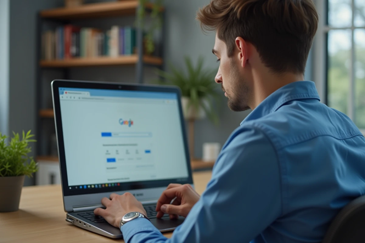 Homme en bureau moderne configure navigateur Chrome