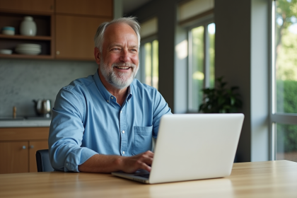 Homme d'âge moyen travaillant sur son ordinateur dans une cuisine lumineuse