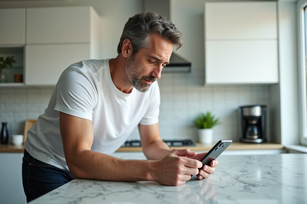 Homme dans une cuisine moderne consultant les réglages de vibration de l'alarme sur son iPhone posé sur le comptoir
