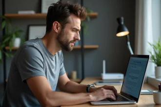 Homme frustré devant son ordinateur portable tentant d'accéder à l'interface de sa Freebox via http://mafreebox.freebox.fr
