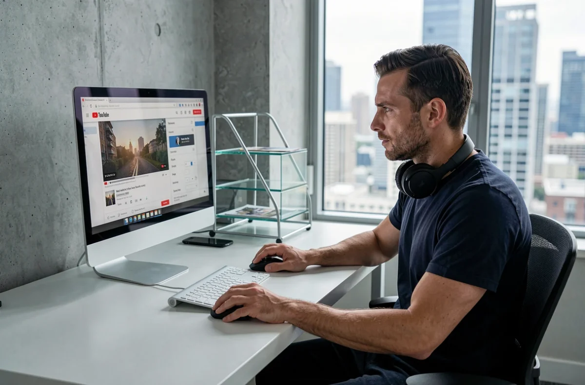 Homme avec casque audio utilisant un outil en ligne pour extraire l'audio d'une vidéo YouTube sur un ordinateur de bureau