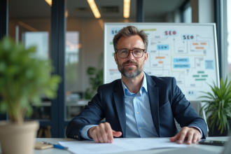 Homme français en costume décontracté dans un bureau moderne