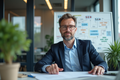 Homme français en costume décontracté dans un bureau moderne