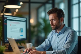 Homme frustré devant un écran d'ordinateur affichant une erreur de connexion à la messagerie Zimbra