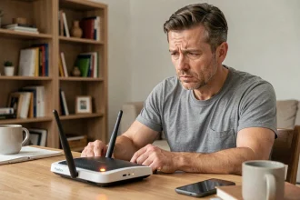 Homme frustré assis devant sa Freebox bloquée sur l'association avec le serveur après un redémarrage