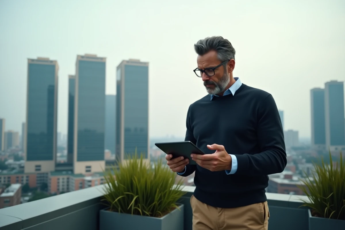 Homme spécialiste IT sur toit avec skyline et data centers