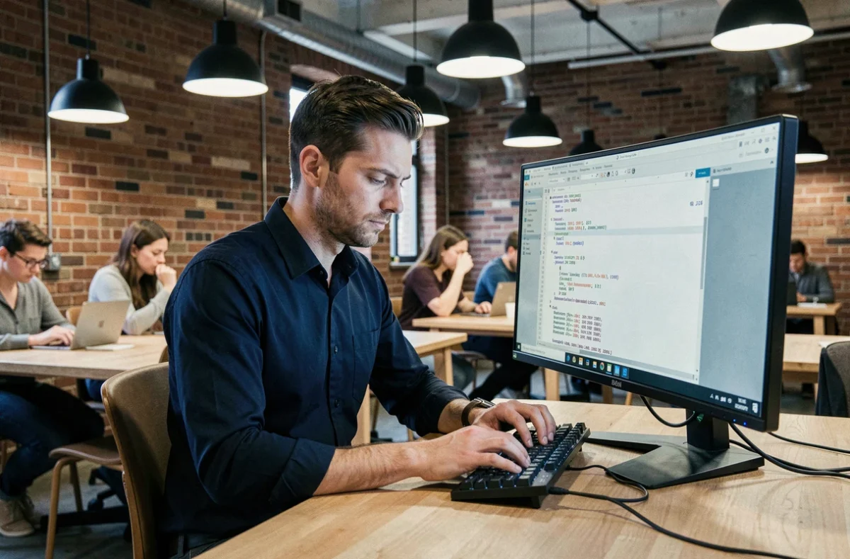 Homme optimisant son contenu web avec un outil compteur de caractères dans un espace de coworking