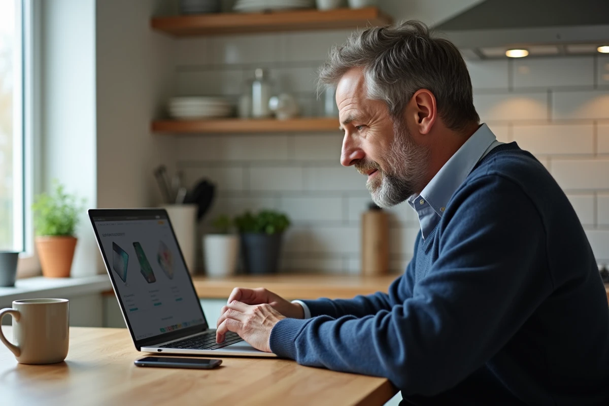 Homme regarde site de comparaison sur son ordinateur à la maison