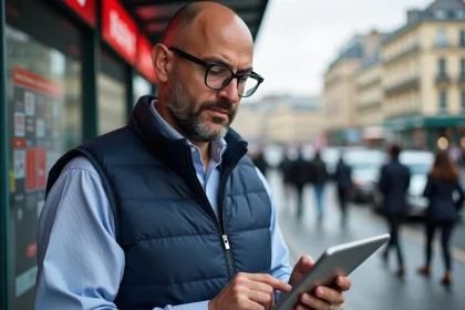Homme professionnel avec tablette dans une rue parisienne