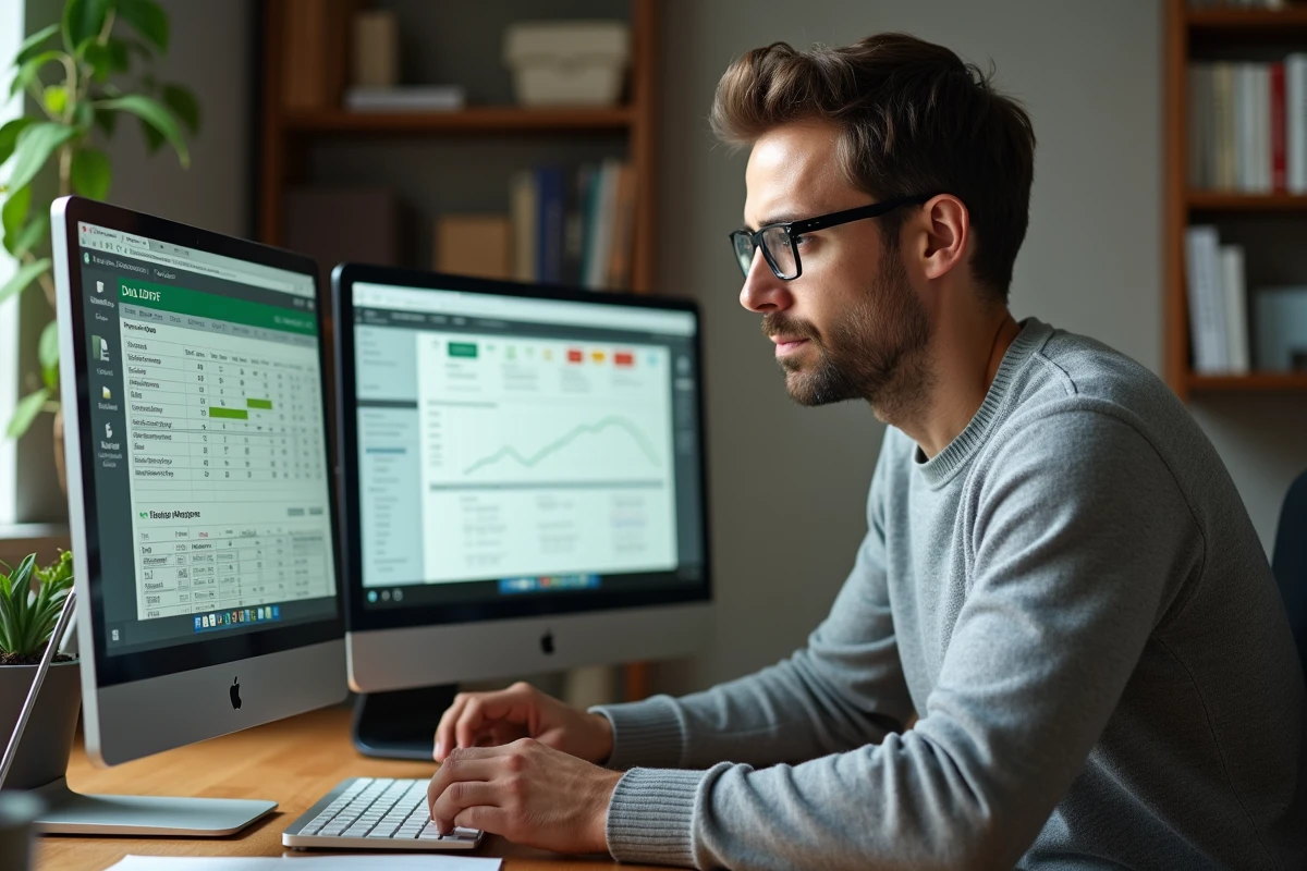 Homme analysant des formules de calcul d'âge sur Excel avec un tableau de reporting sur deux écrans