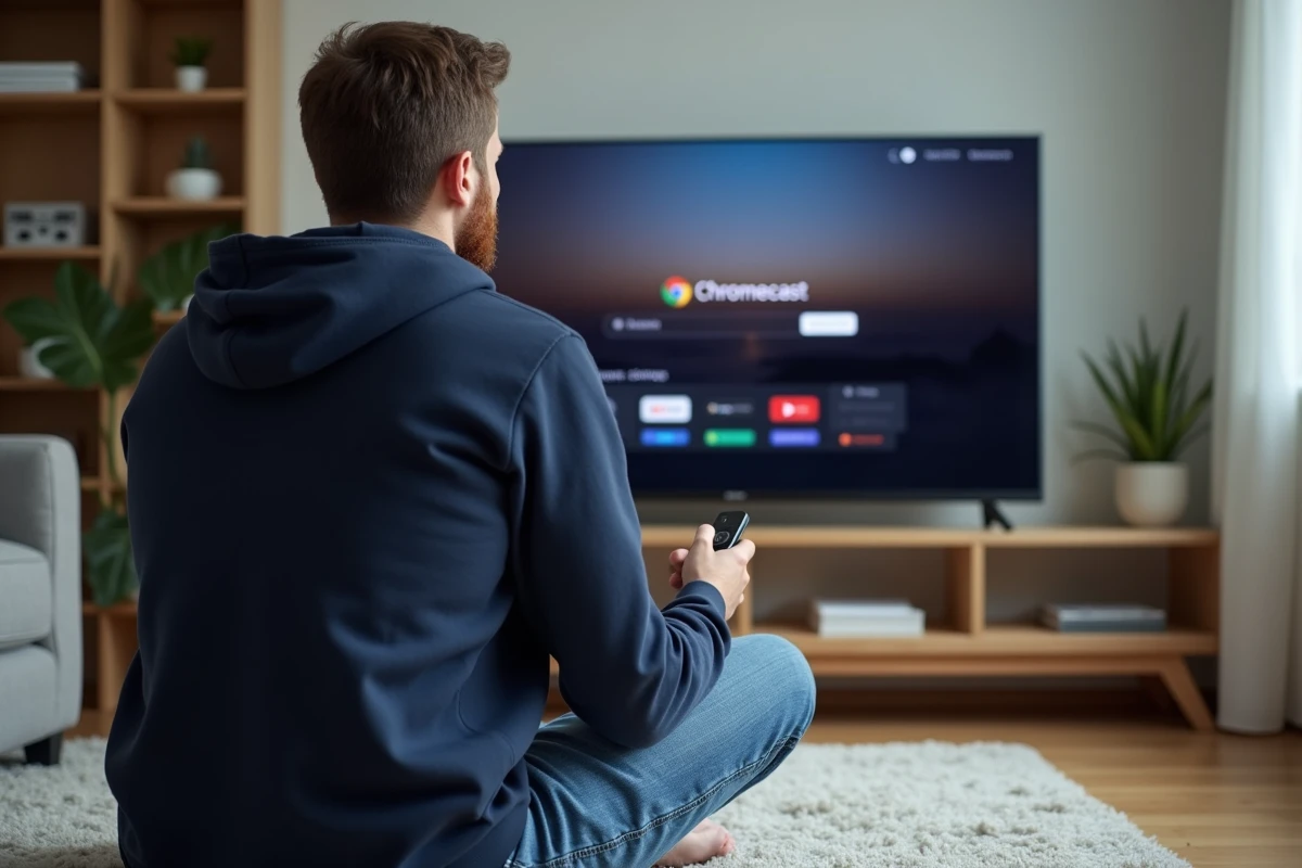 Homme détendu regardant la télévision avec Chromecast