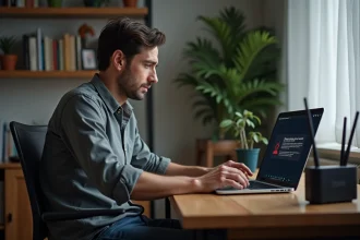 Homme d'âge moyen face à un ordinateur avec erreur réseau