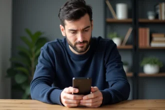 Homme tenant un smartphone Samsung Galaxy dans un bureau moderne, comparant les modèles pour trouver le meilleur rapport qualité-prix en 2026