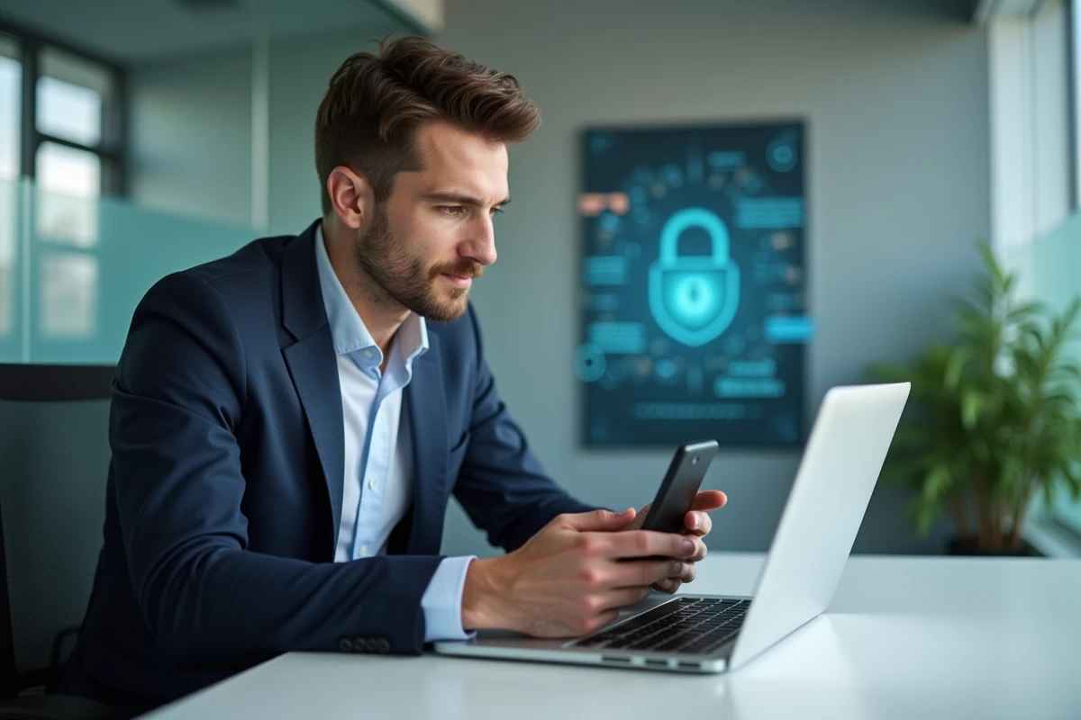 Homme d affaires utilisant un ordinateur pour la securite