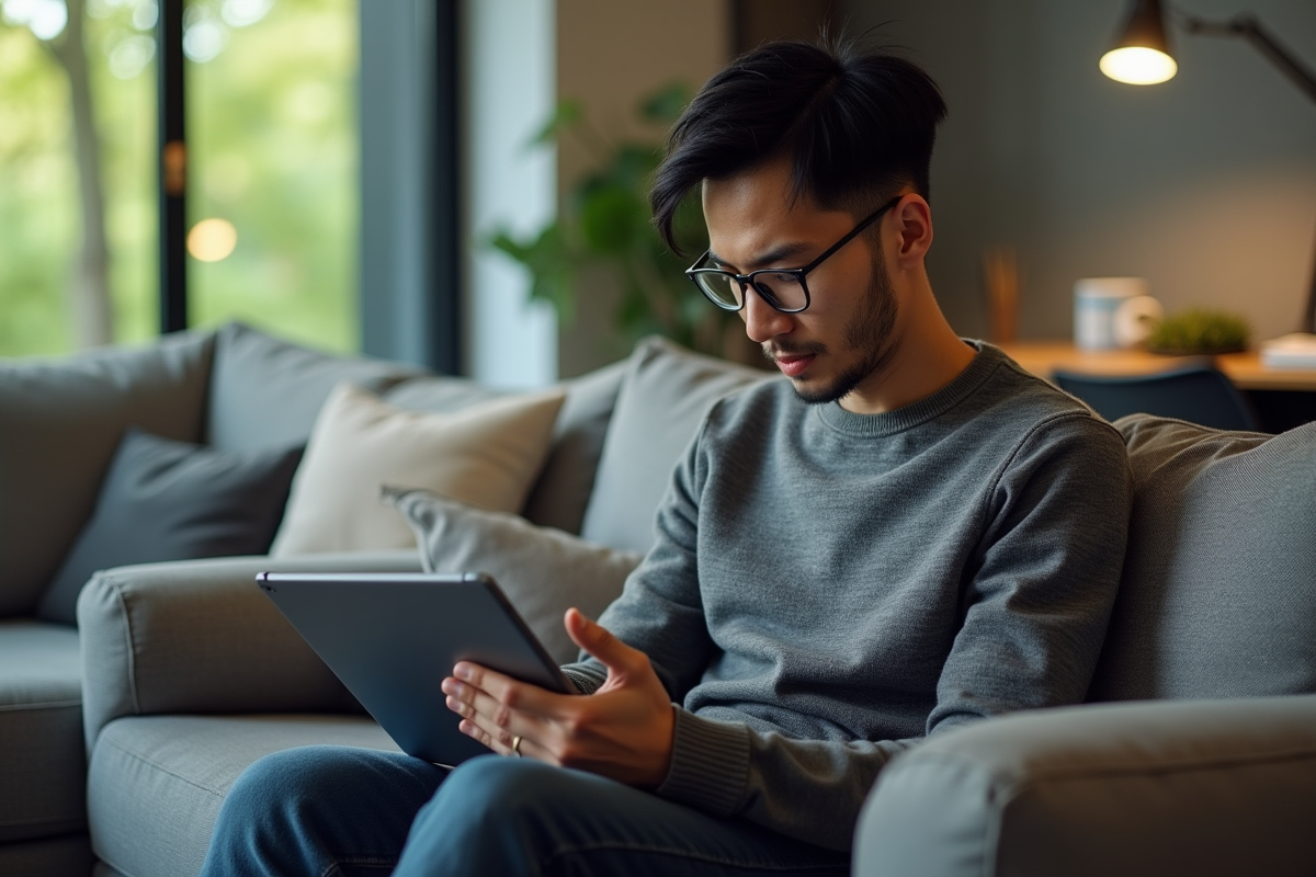 Jeune homme ajuste paramètres Google Drive sur son sofa