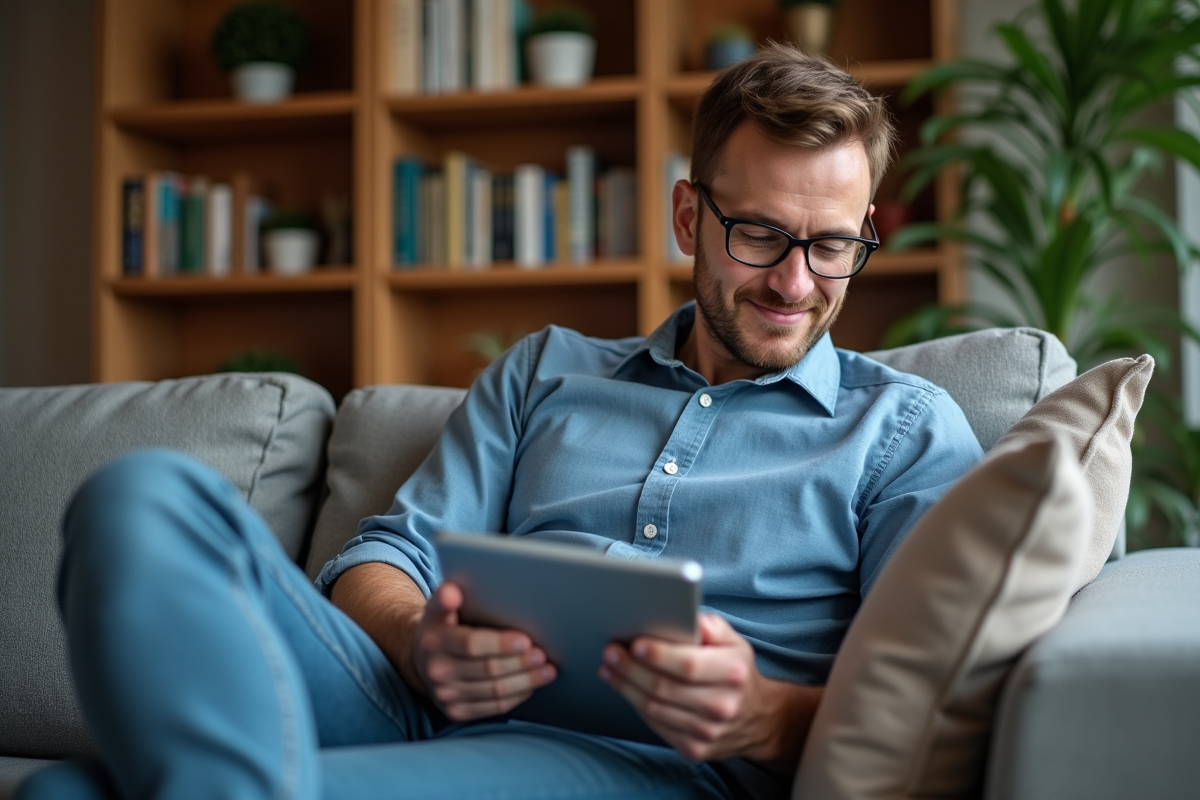Homme regardant une tablette dans un salon cosy