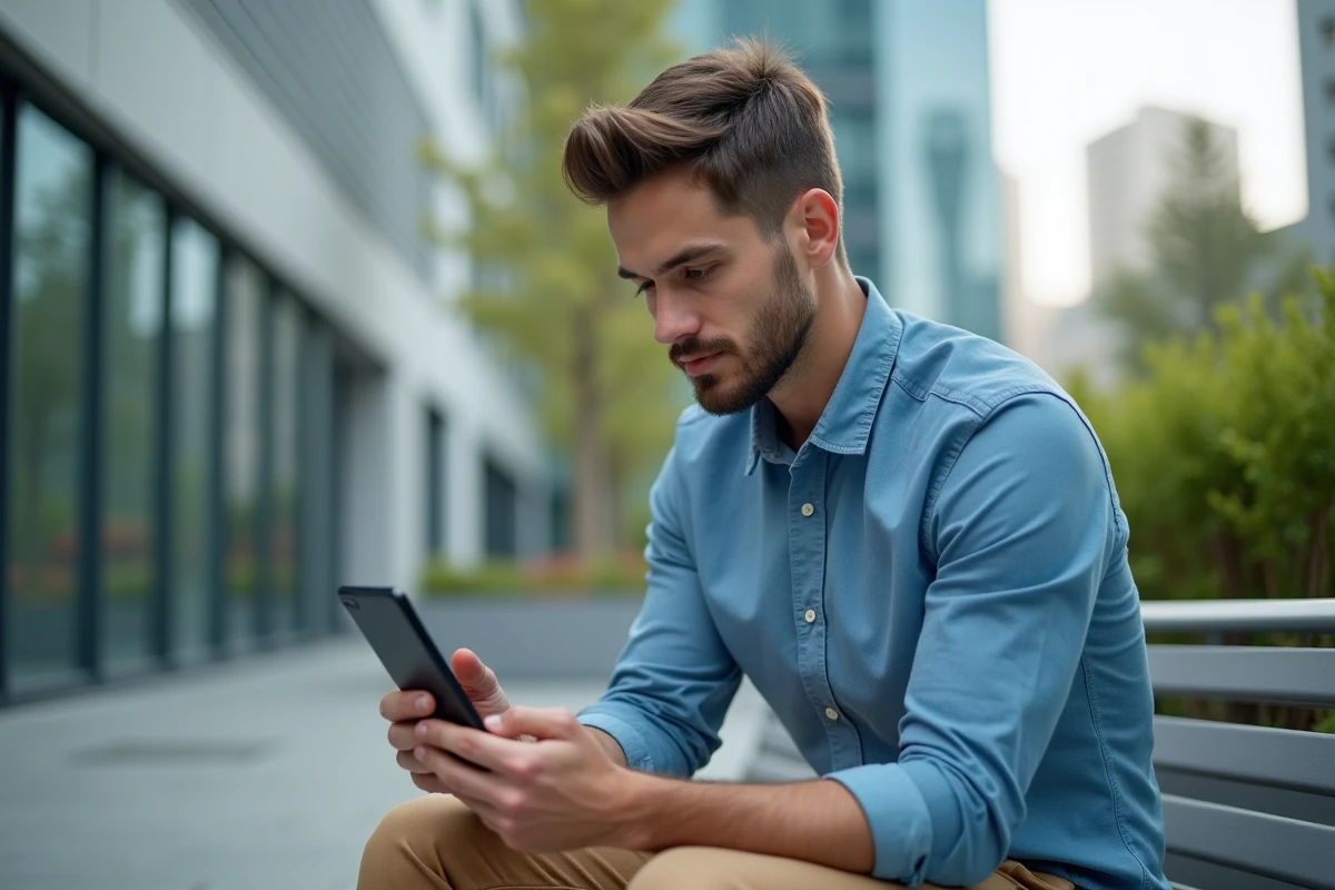 Homme en ville regardant son téléphone Android