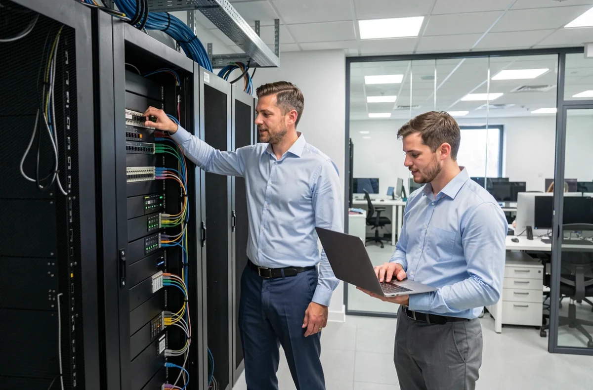 Technicien d'Informatique et Services effectuant la maintenance réseau dans la salle serveur d'une entreprise