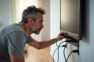 Homme inspectant les câbles derrière sa télévision pour résoudre un code erreur Orange TV L11-06
