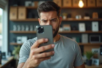 Homme inspectant un iPhone 12 Pro d'occasion dans une boutique de revente de smartphones, repérant les signes d'usure sur le boîtier