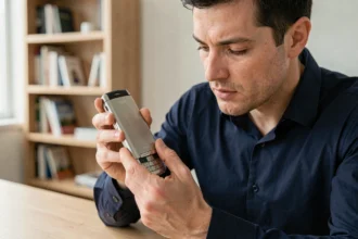 Un homme inspecte attentivement un Nokia 8800 d'occasion en métal brossé, vérifiant l'état de sa coque avant achat