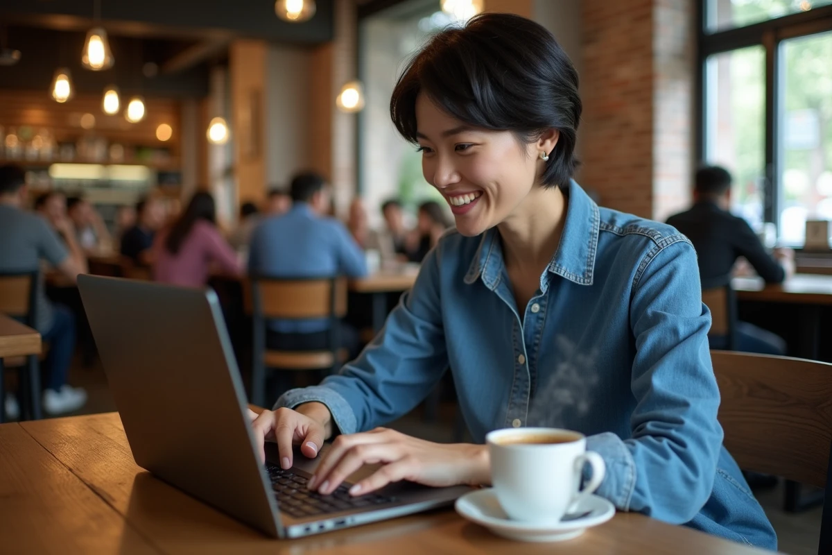 Femme tapant rapidement sur un clavier d'ordinateur portable dans un café pour améliorer son score de frappe