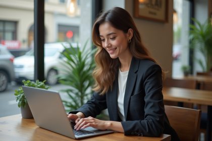 Jeune femme professionnelle travaillant sur un ordinateur dans un café
