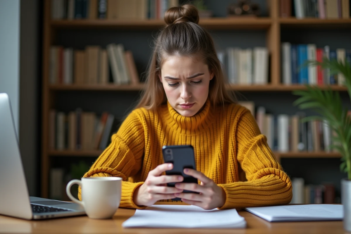 Jeune femme au bureau à domicile tenant son iPhone et cherchant pourquoi l'alarme ne vibre plus
