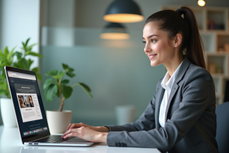 Jeune femme professionnelle travaillant sur un ordinateur dans un bureau moderne